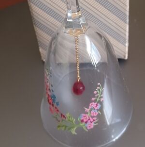 Avon Glass Bell with Gold Chain and Red Floral Design